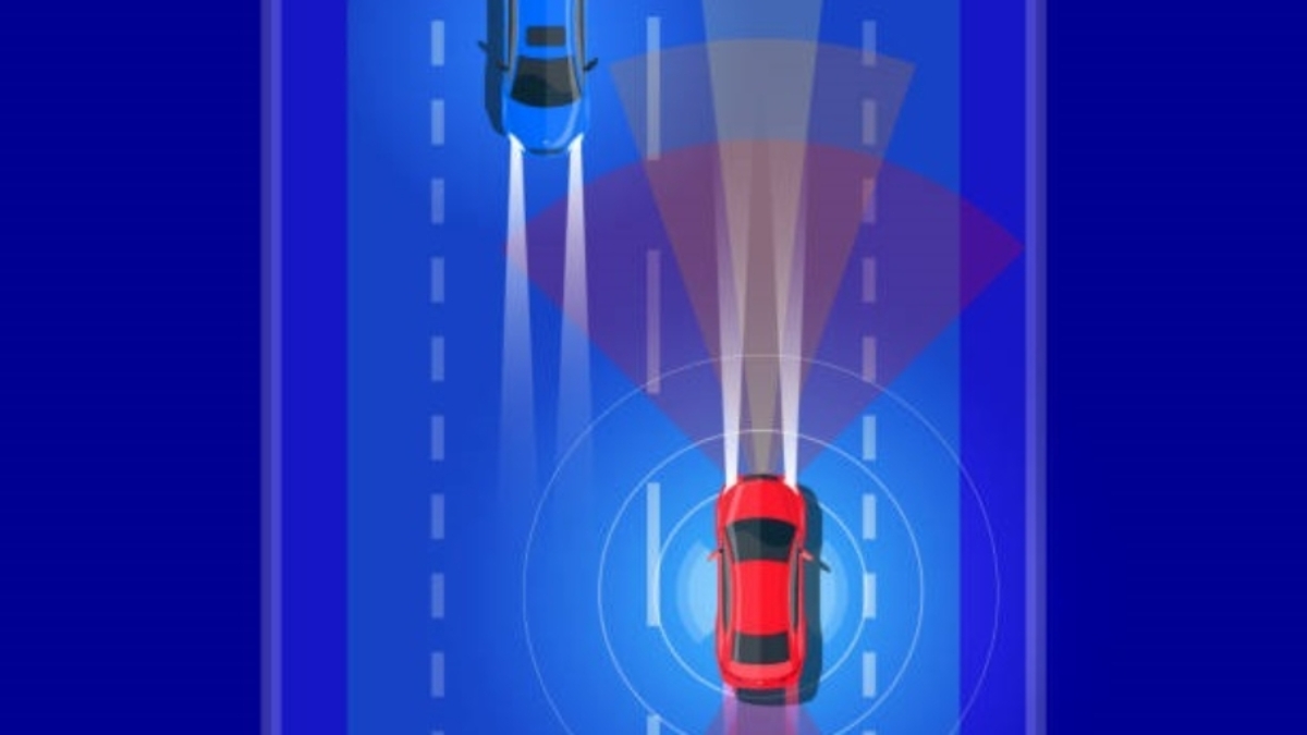 Vector illustration of smart autonomous driverless electric car driving on road and scanning distance with radar, cameras and sensors to observe distance. Top view traffic street at night with lights.