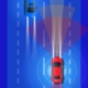 Vector illustration of smart autonomous driverless electric car driving on road and scanning distance with radar, cameras and sensors to observe distance. Top view traffic street at night with lights.