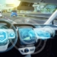 Empty cockpit of autonomous car, HUD(Head Up Display) and digital speedometer. self-driving vehicle.
